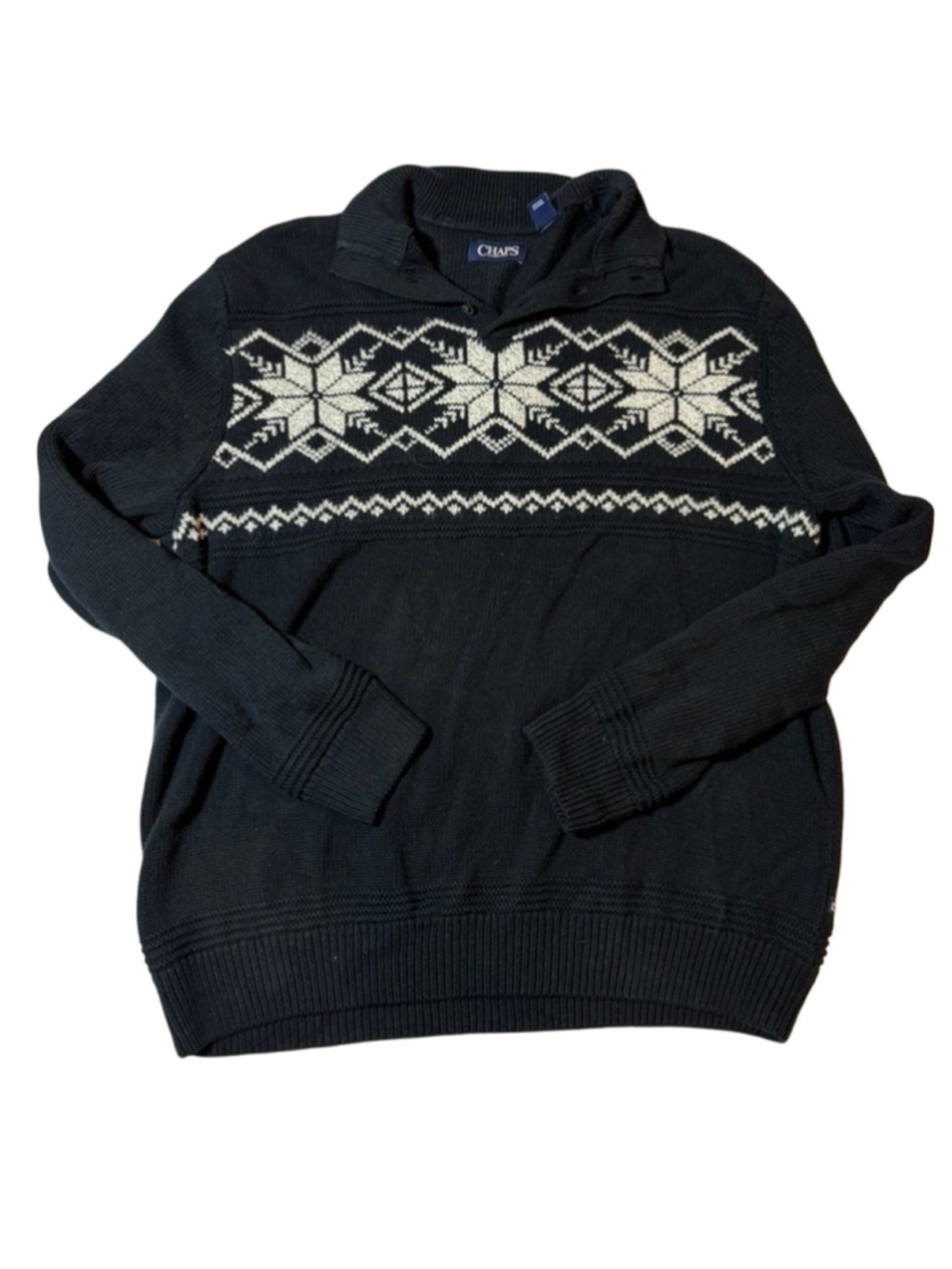 Chaps Ralph Lauren Nordic Sweater XL Black Fair Isle Shawl Collar Pullover